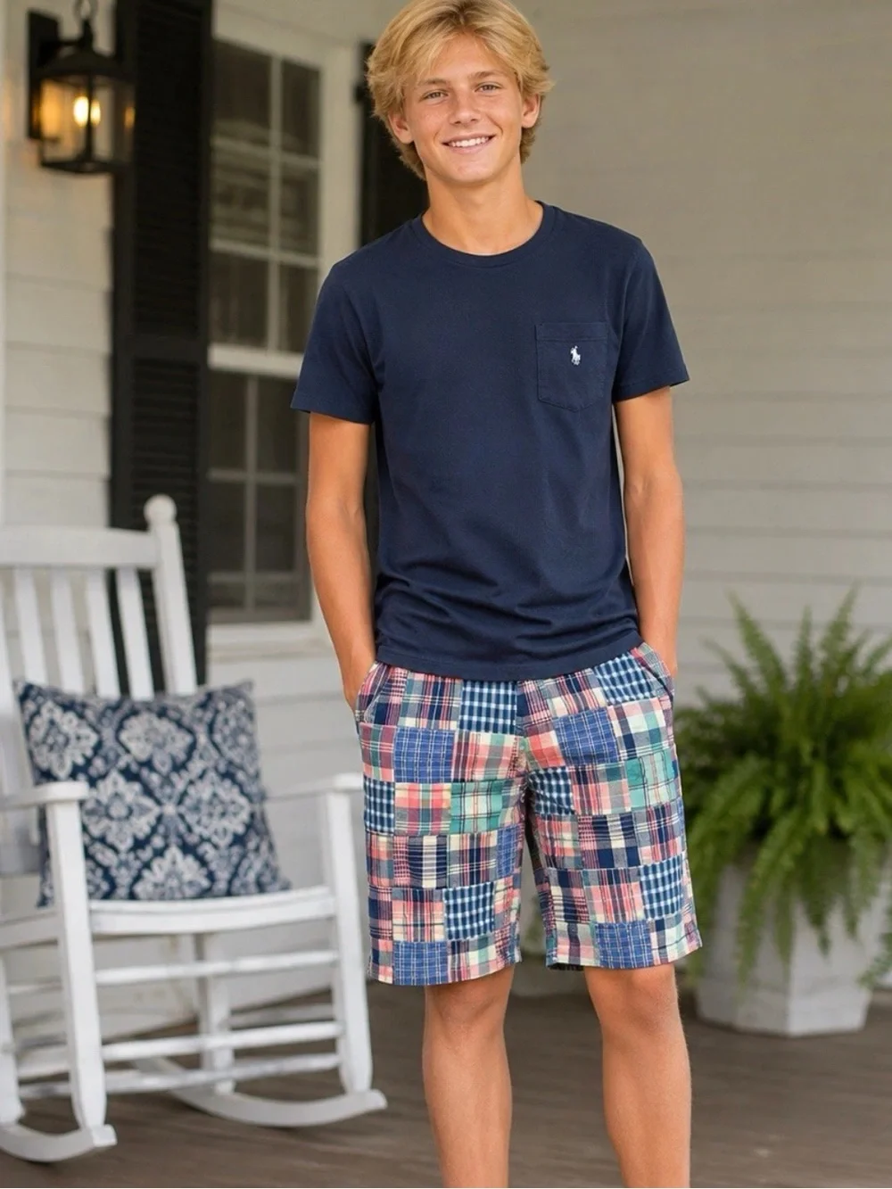 The Children's Place Boys Sz 16 Madras Plaid Patchwork Shorts Cotton Preppy